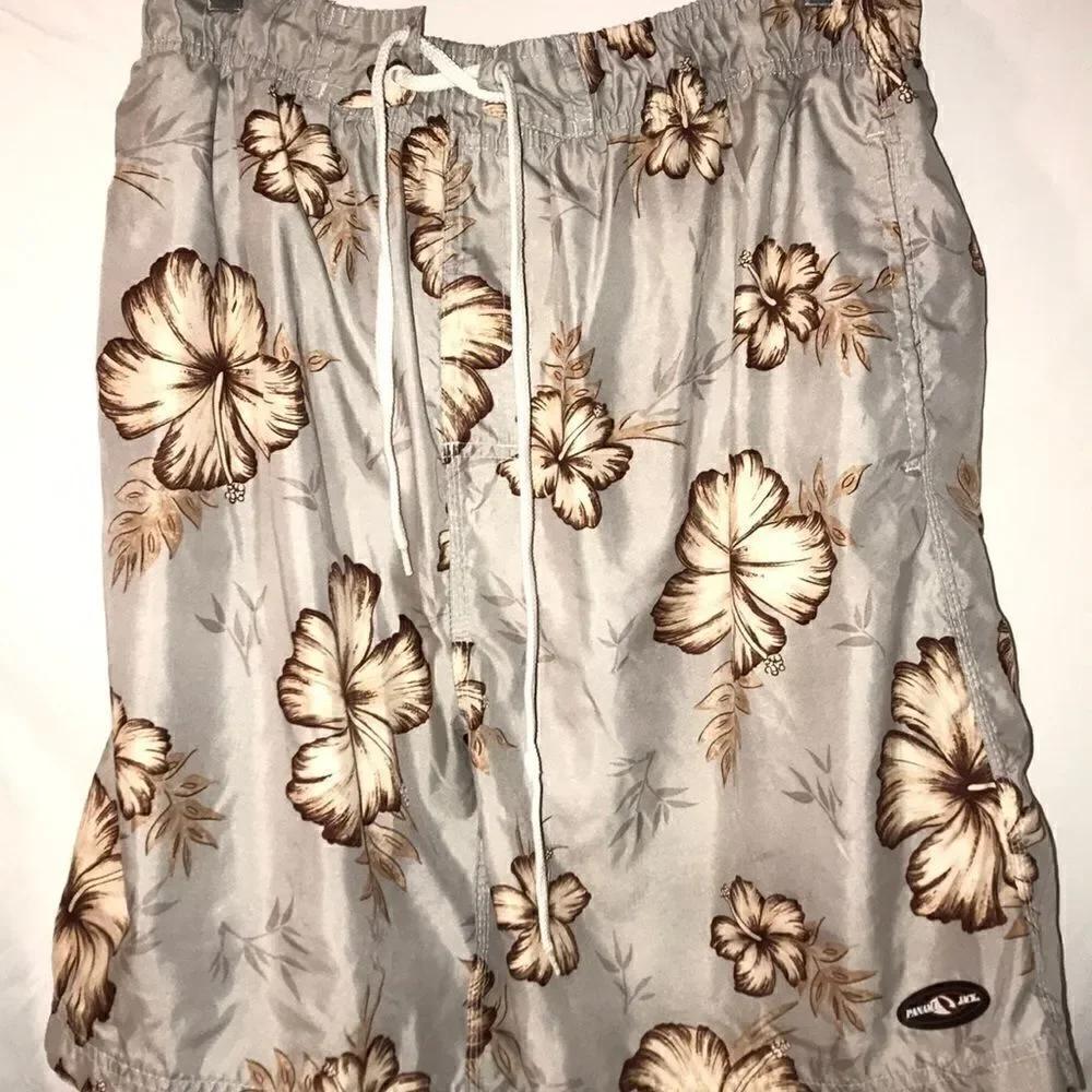 Panama Jack Men's Elastic Waist Drawstring Floral Gray/ Brown Swim Shorts Size M